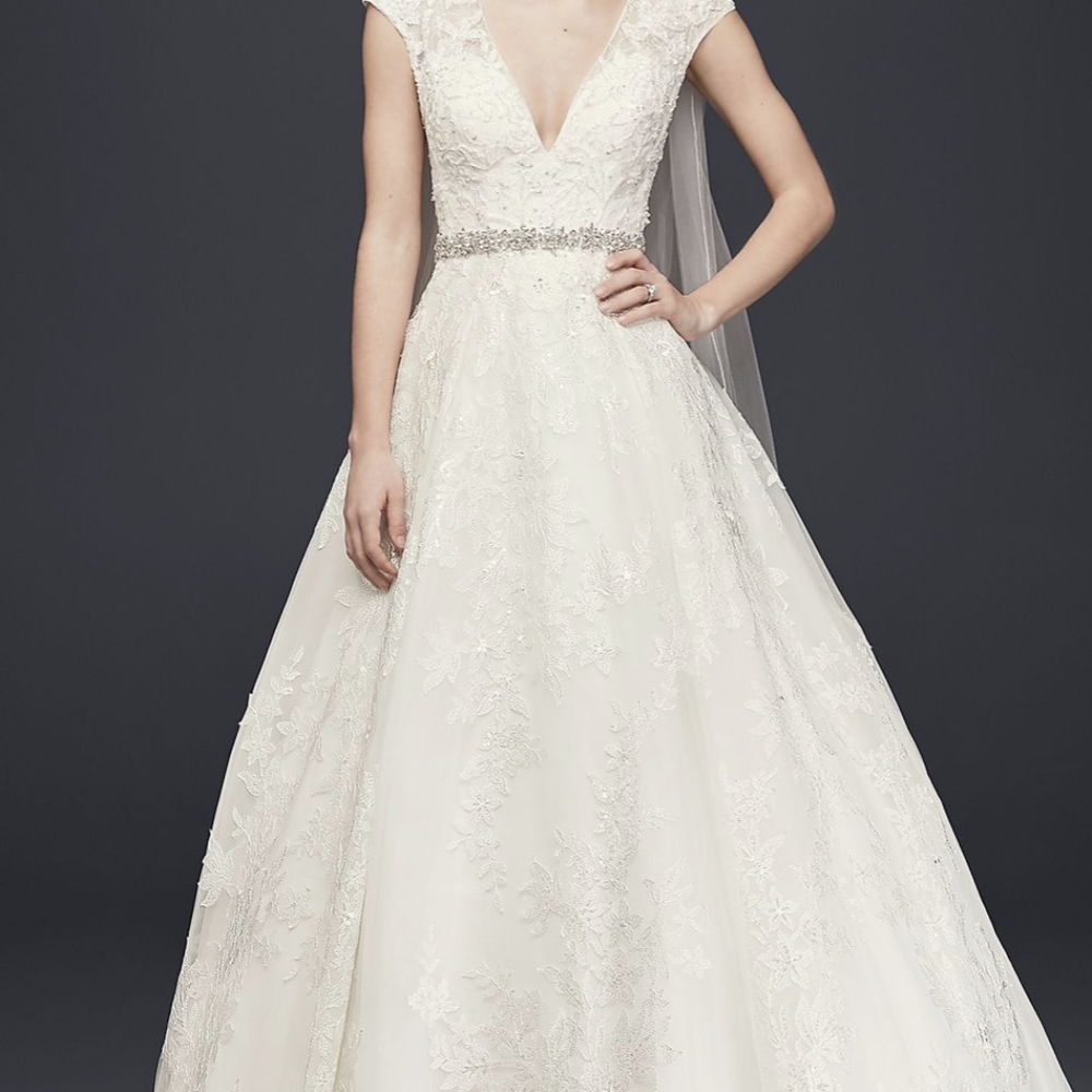 Oleg Cassini V-Neck Cap Sleeve Wedding Dress